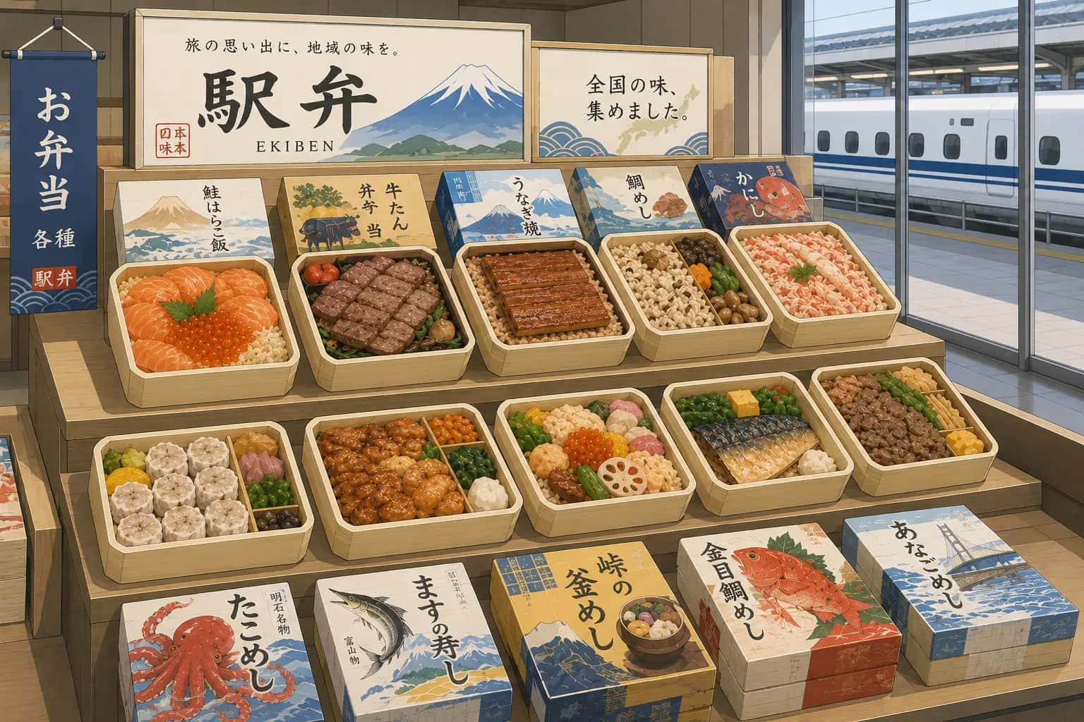 Variety of Japanese ekiben bento boxes on display at a Shinkansen station shop in Japan