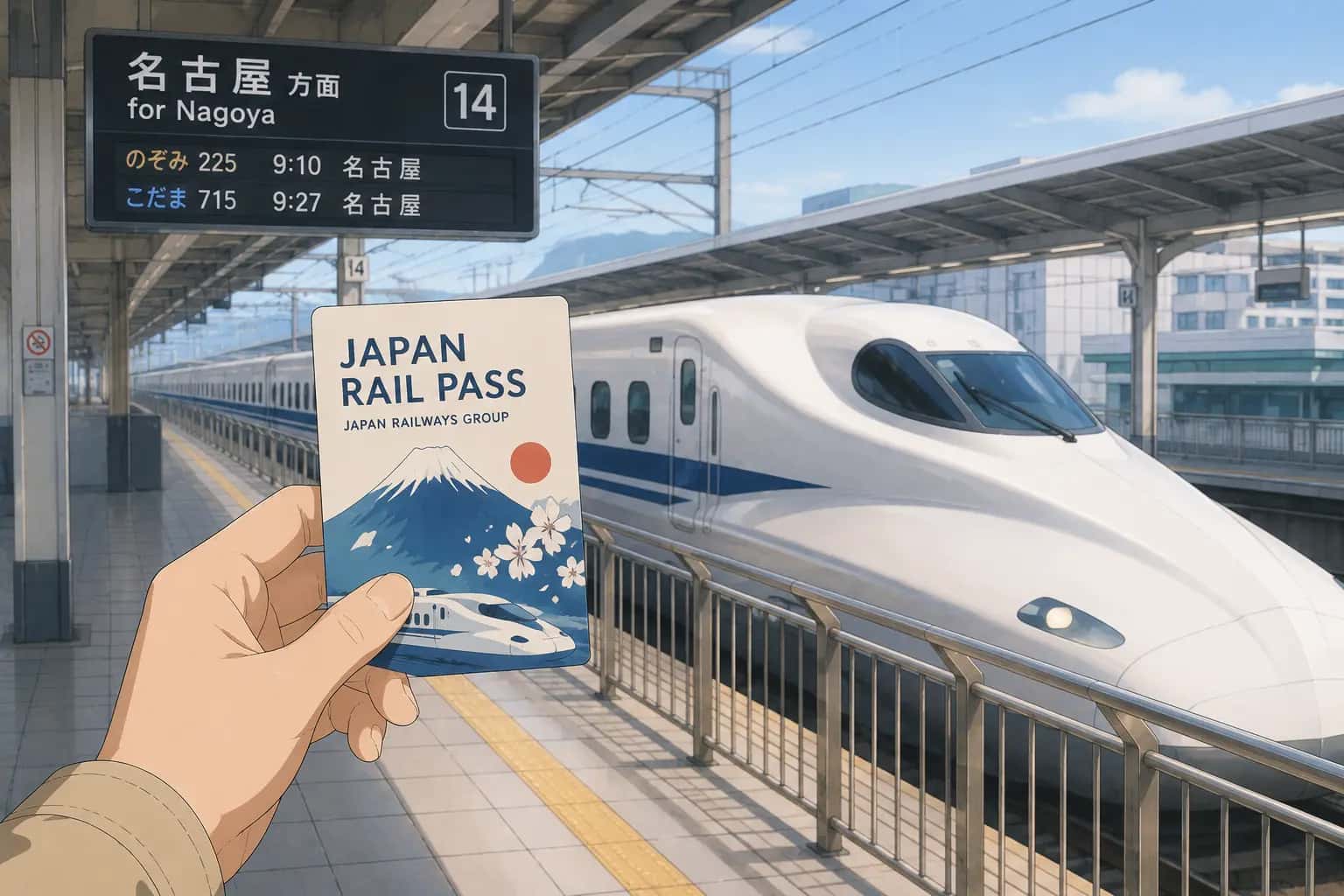 Japan Rail Pass card held up by a tourist in front of a Shinkansen at a Japanese train station