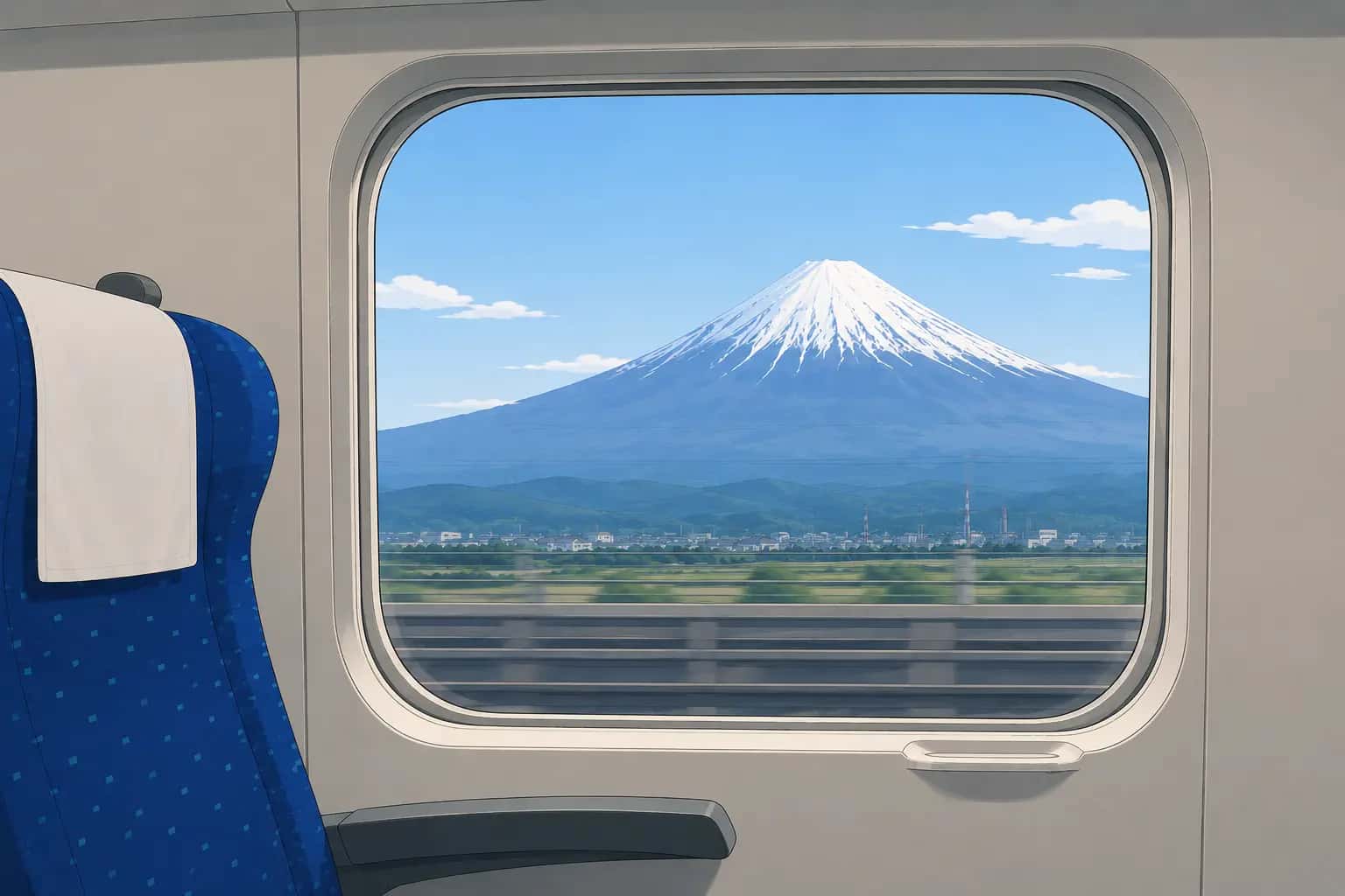 View of snow-capped Mount Fuji from a Shinkansen window seat on the Tokaido line