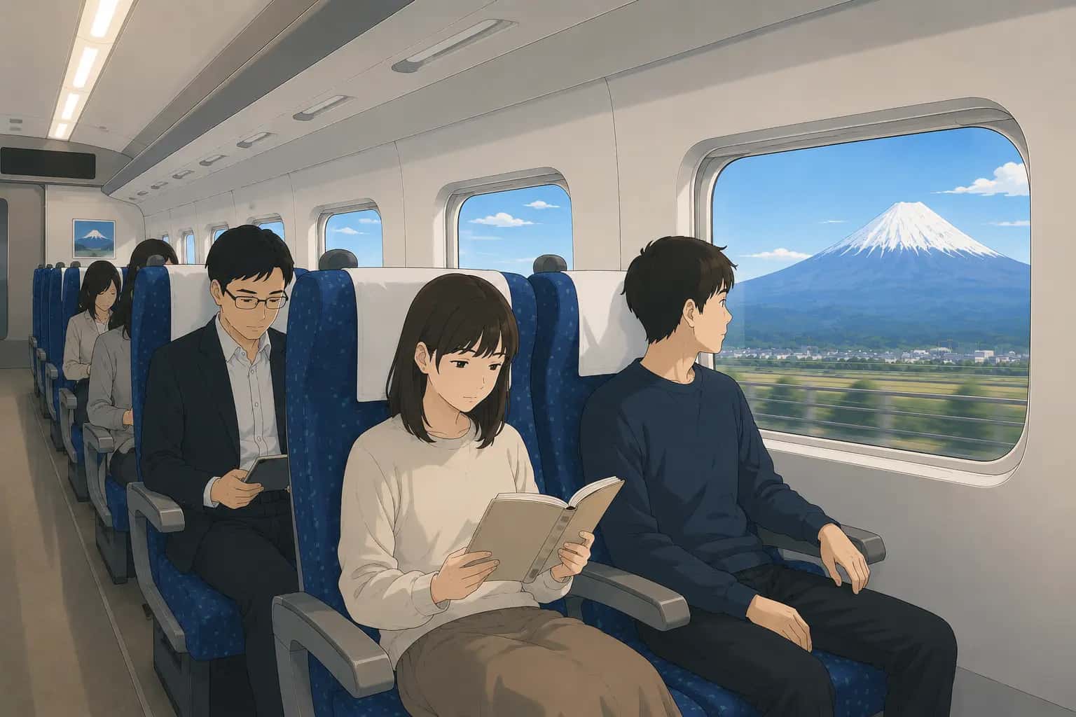 Quiet, orderly passengers seated in a Shinkansen carriage reading and looking out the window