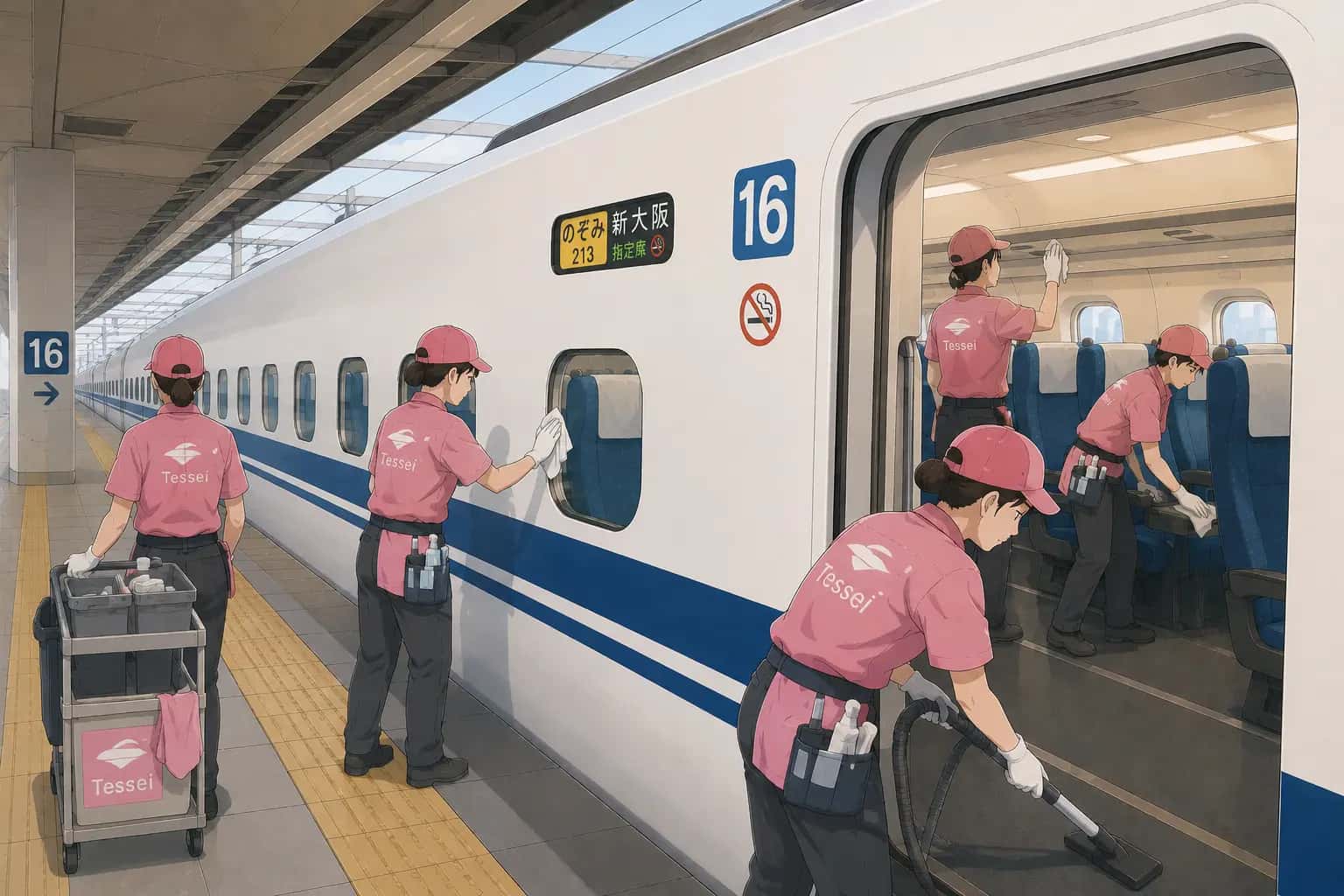 Tessei cleaning crew in pink uniforms preparing a Shinkansen carriage at Tokyo Station in seven minutes