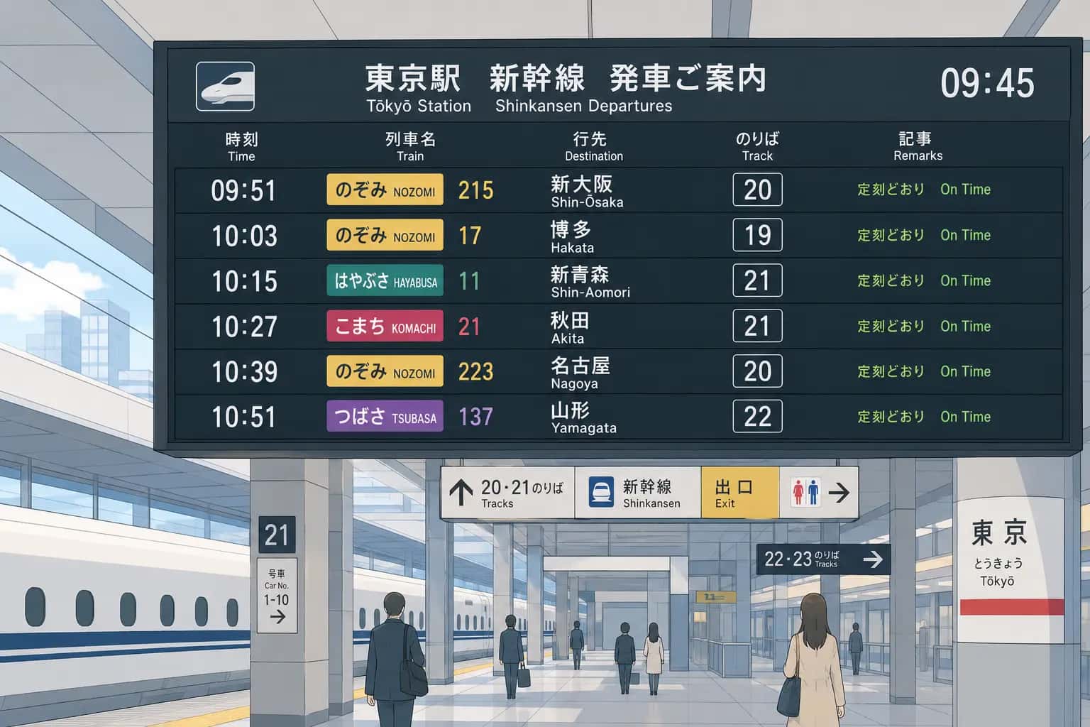 Electronic departure board at Tokyo Station showing multiple Shinkansen departures all on time