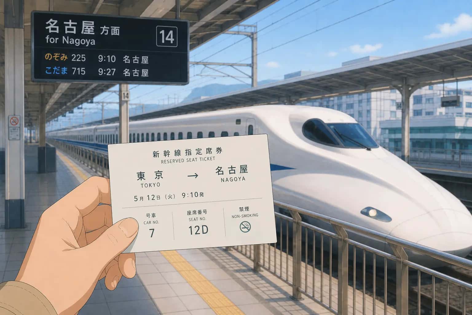 Shinkansen reserved seat ticket showing carriage number, seat number and departure time in Japan