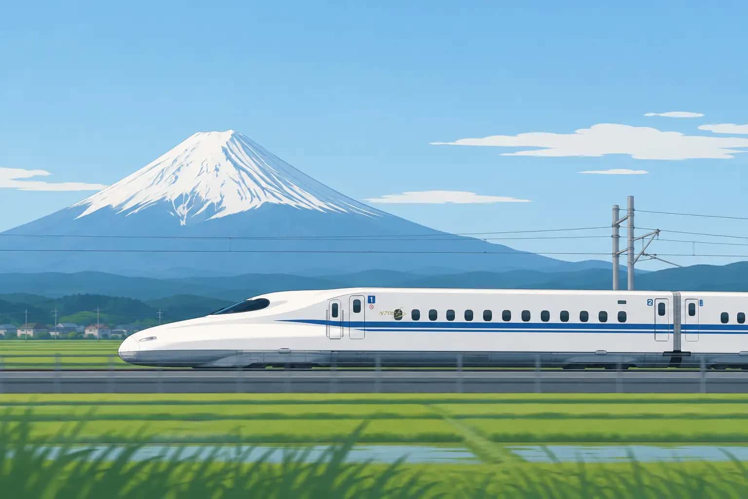 Shinkansen N700S bullet train speeding through the Japanese countryside with Mount Fuji in the background