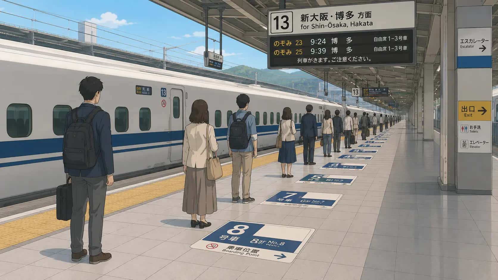 Shinkansen platform at a Japanese station showing car-position markers on the floor and passengers waiting in line