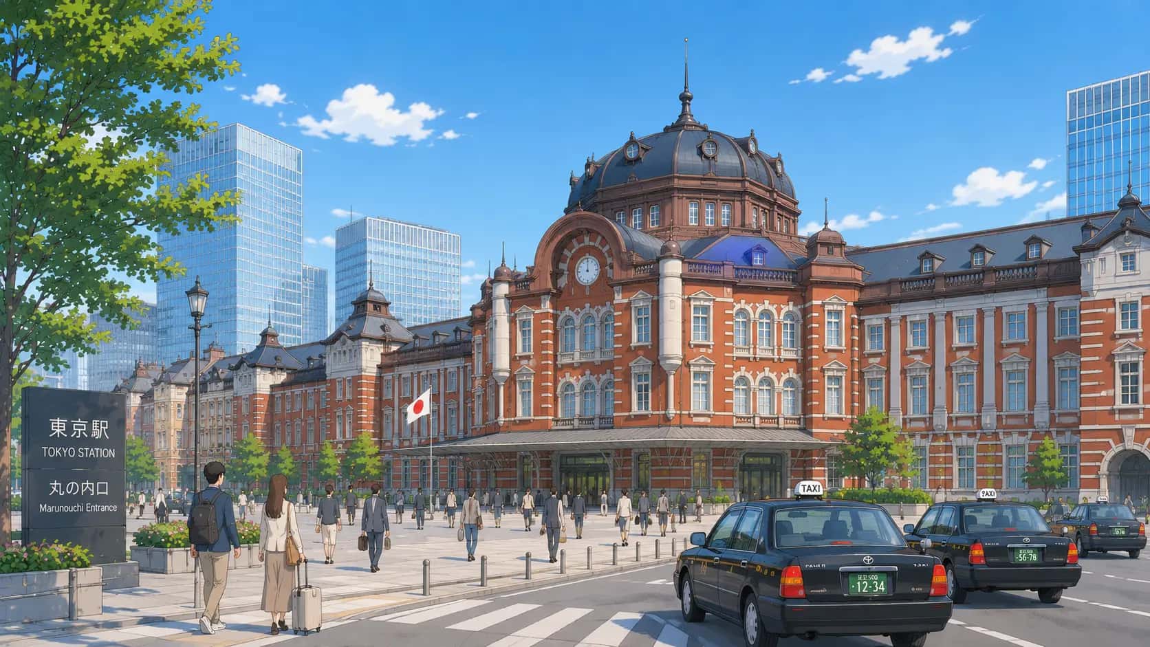 Classic red-brick facade of Tokyo Station Marunouchi side with taxis and passengers outside