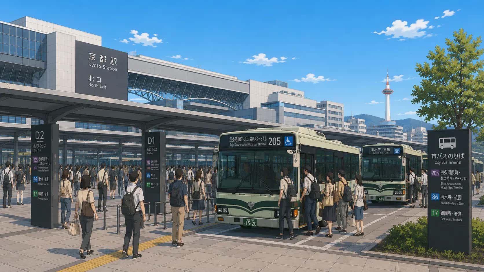 Busy bus terminal outside Kyoto Station north exit with passengers boarding city buses