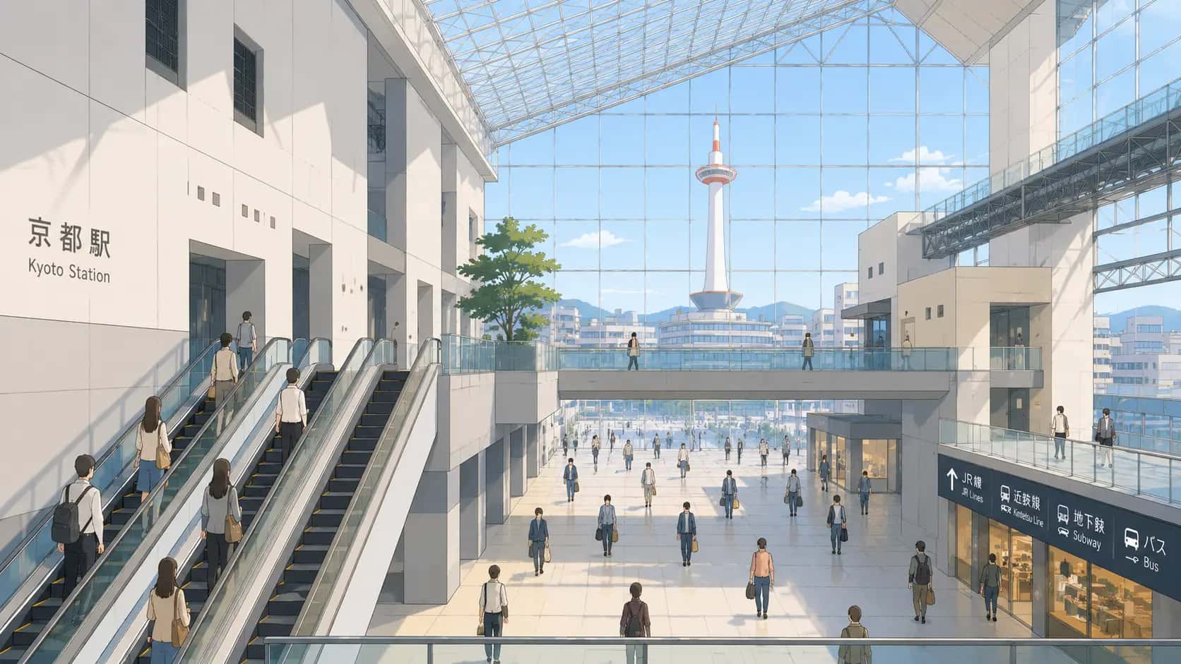 Grand interior atrium of Kyoto Station with glass ceiling and passengers on escalators and walkways