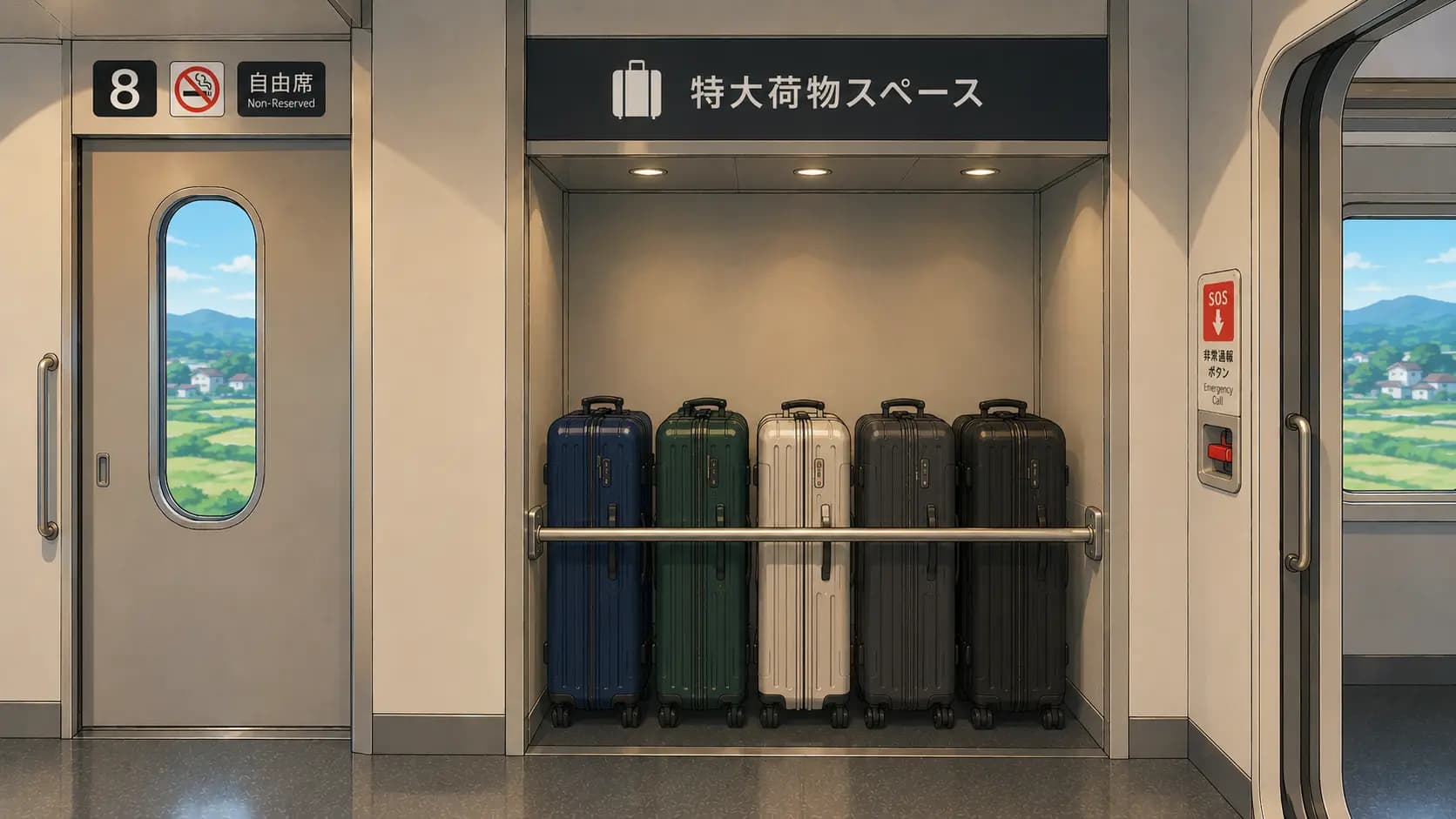 Large suitcases stored in the designated luggage area