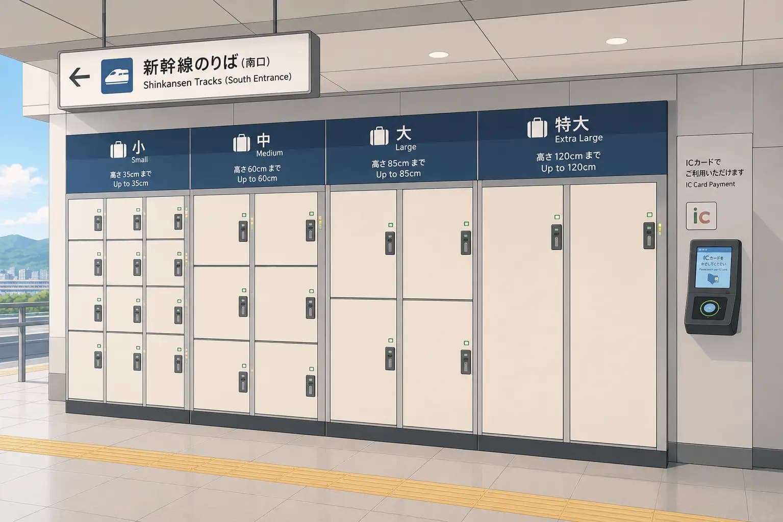 Rows of coin lockers at a Japanese Shinkansen station